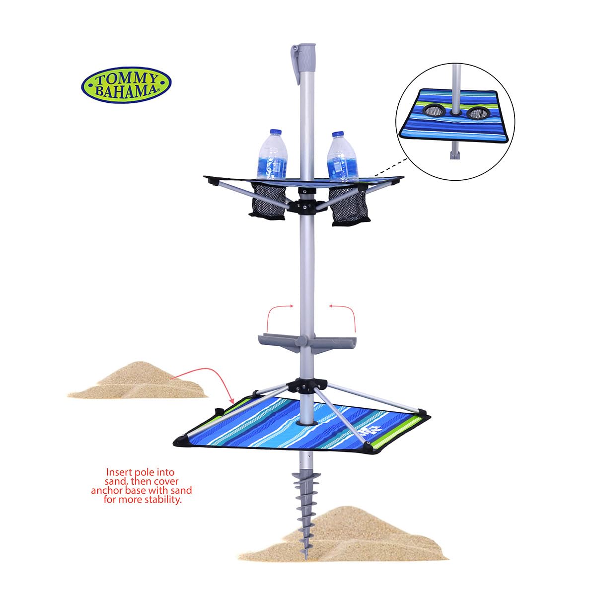 Tommy Bahama telescopic pole adjusts height for flexible sun positioning.