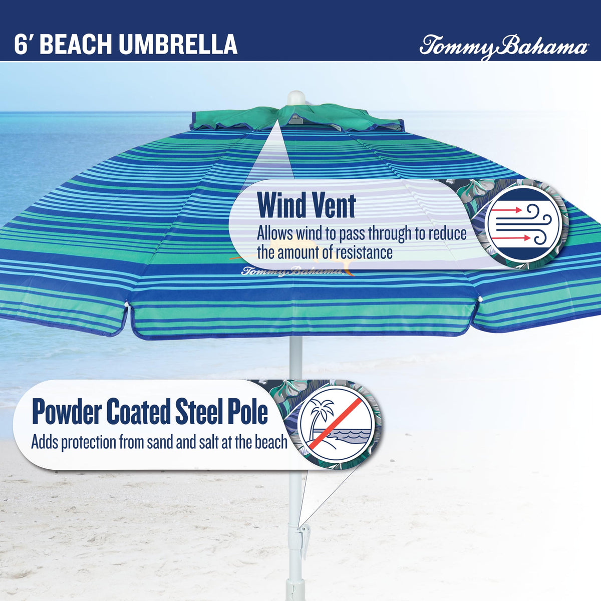 Tommy Bahama umbrella wind vent top view highlights added stability in gusts.