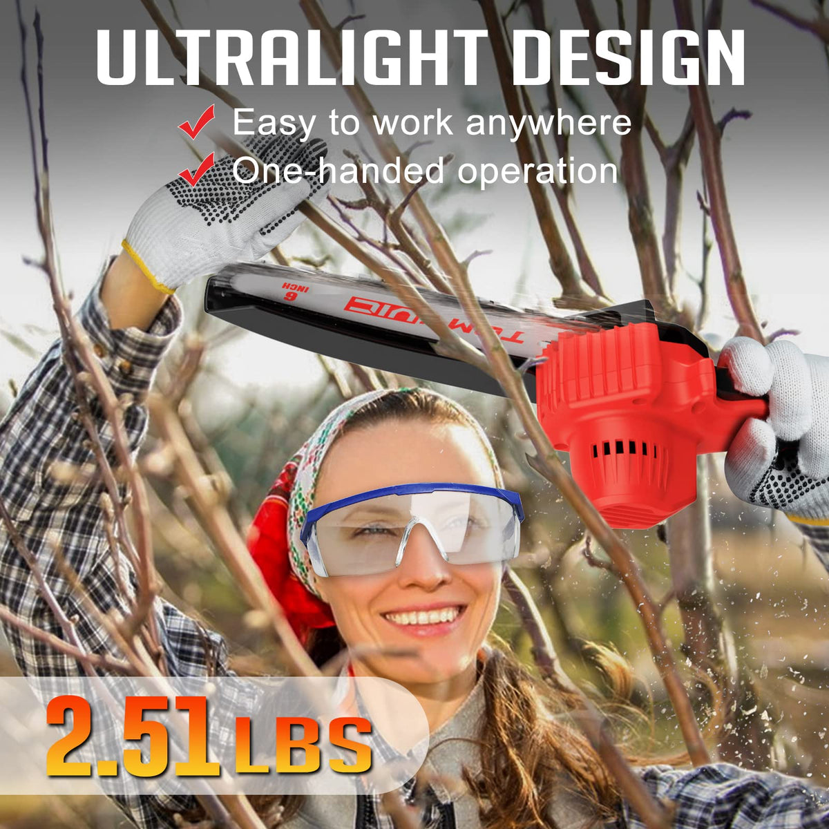 Copper motor on Tomyvic chainsaw delivers smooth cuts through branches up to four inches.