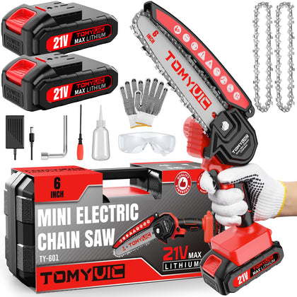 Tomyvic electric 6in mini chainsaw ready for pruning and light yard work.