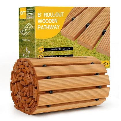 TONAHUTU 8ft roll-out wooden pathway shown in a yard or garden for easy outdoor access.
