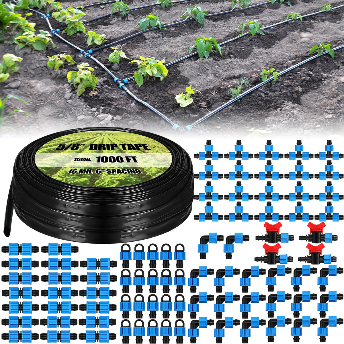 Tondiamo 1000 ft drip tape kit package for comprehensive garden irrigation.