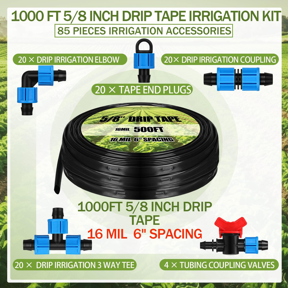 Tondiamo 5-8 inch drip tape tubing closeup showing durable, UV-safe tubing.