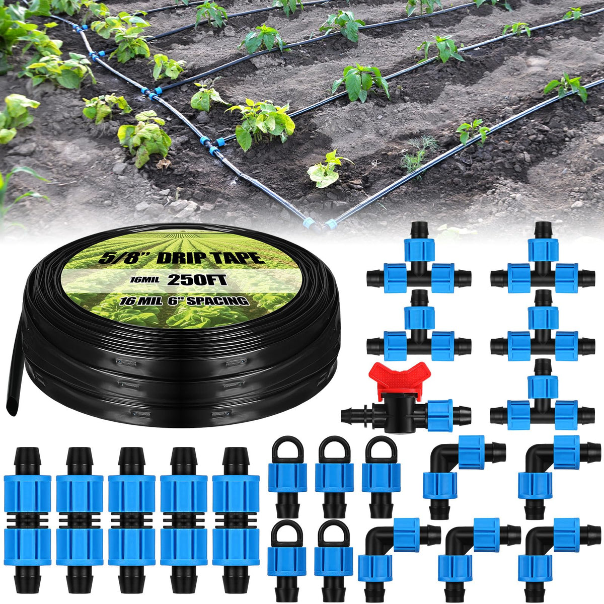 Tondiamo drip tape kit 250ft with 6in spacing for efficient garden irrigation.
