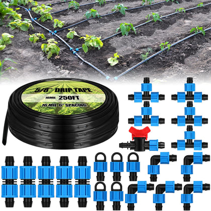 Tondiamo drip tape kit 250ft with 6in spacing for efficient garden irrigation.