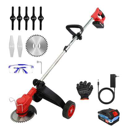 Toner Bank electric cordless trimmer in red with angled view for unrestricted yard work.
