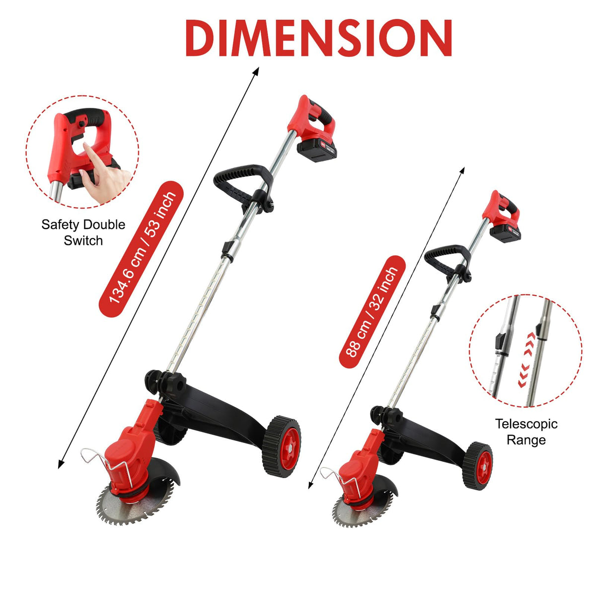 Toner Bank three-in-one blade system adapts to soft lawns, weeds, and branches.