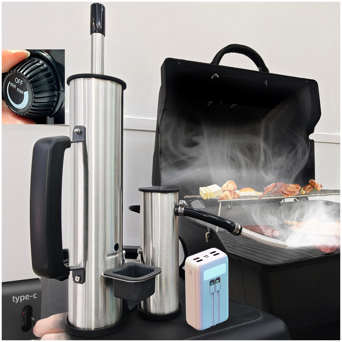 TONFUGLN Advanced Smoke Tube on pellet smoker, front view, enhances flavor with filtered smoke.