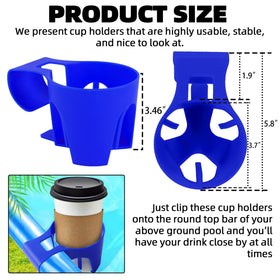 TonGass clip-on cup holder shown on blue pool rail for easy access.