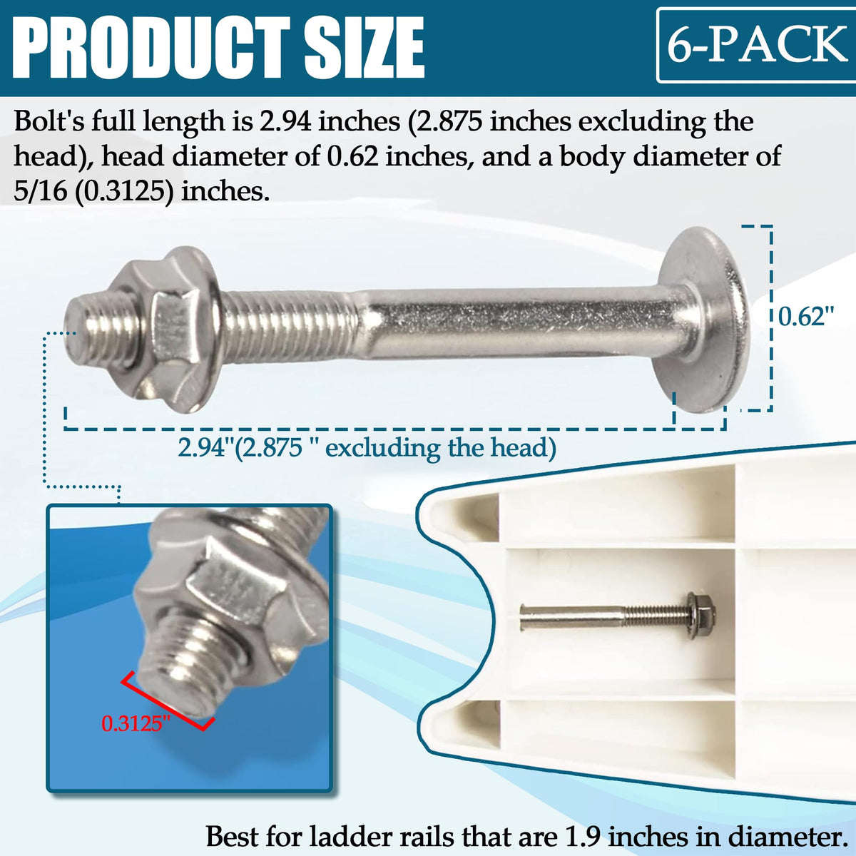 Concave-head bolts provide flush fit on round ladder rails.