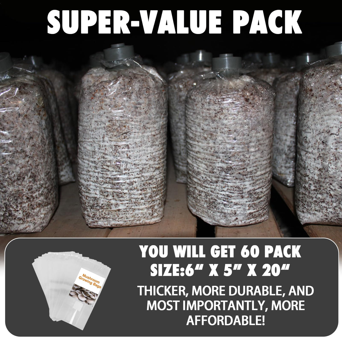 TonGass mushroom grow bag bulk pack 60-pack conveys value and convenience.