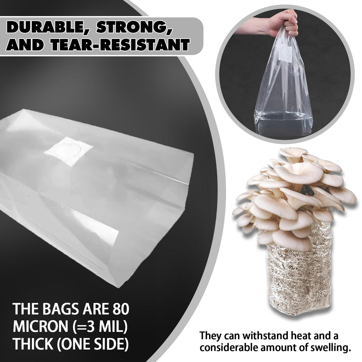 TonGass mushroom grow bag clear material enables easy moisture and contamination checks.