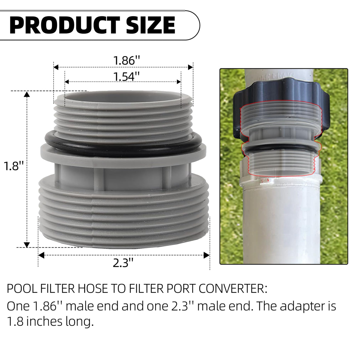TonGass pool hose adapter connects hoses to standard filter ports for compatibility