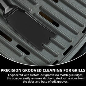 Heat-resistant nylon scraper withstands up to 400°F for hot grill cleaning.