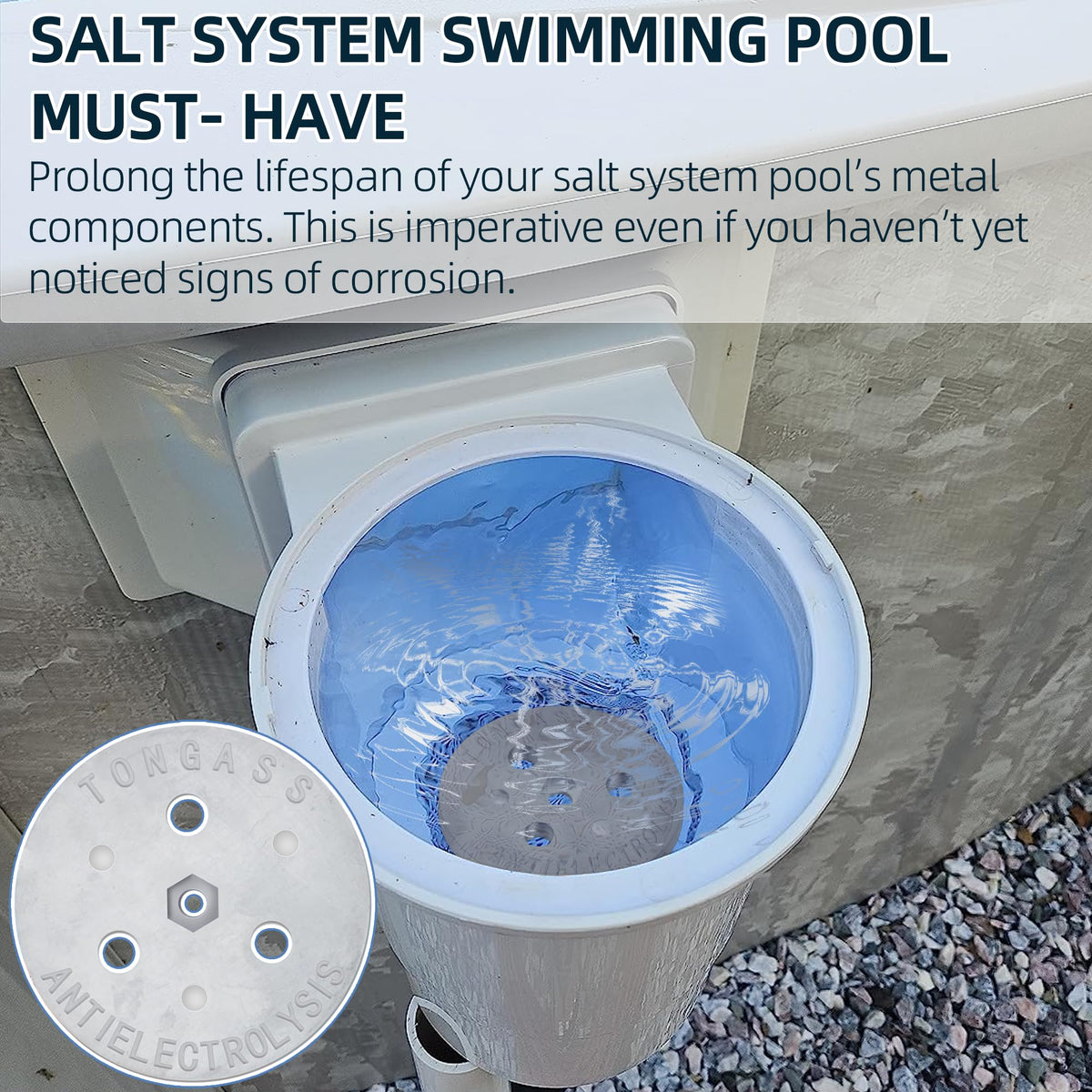 TonGass zinc anode weight provides salt-system protection for pool metal parts