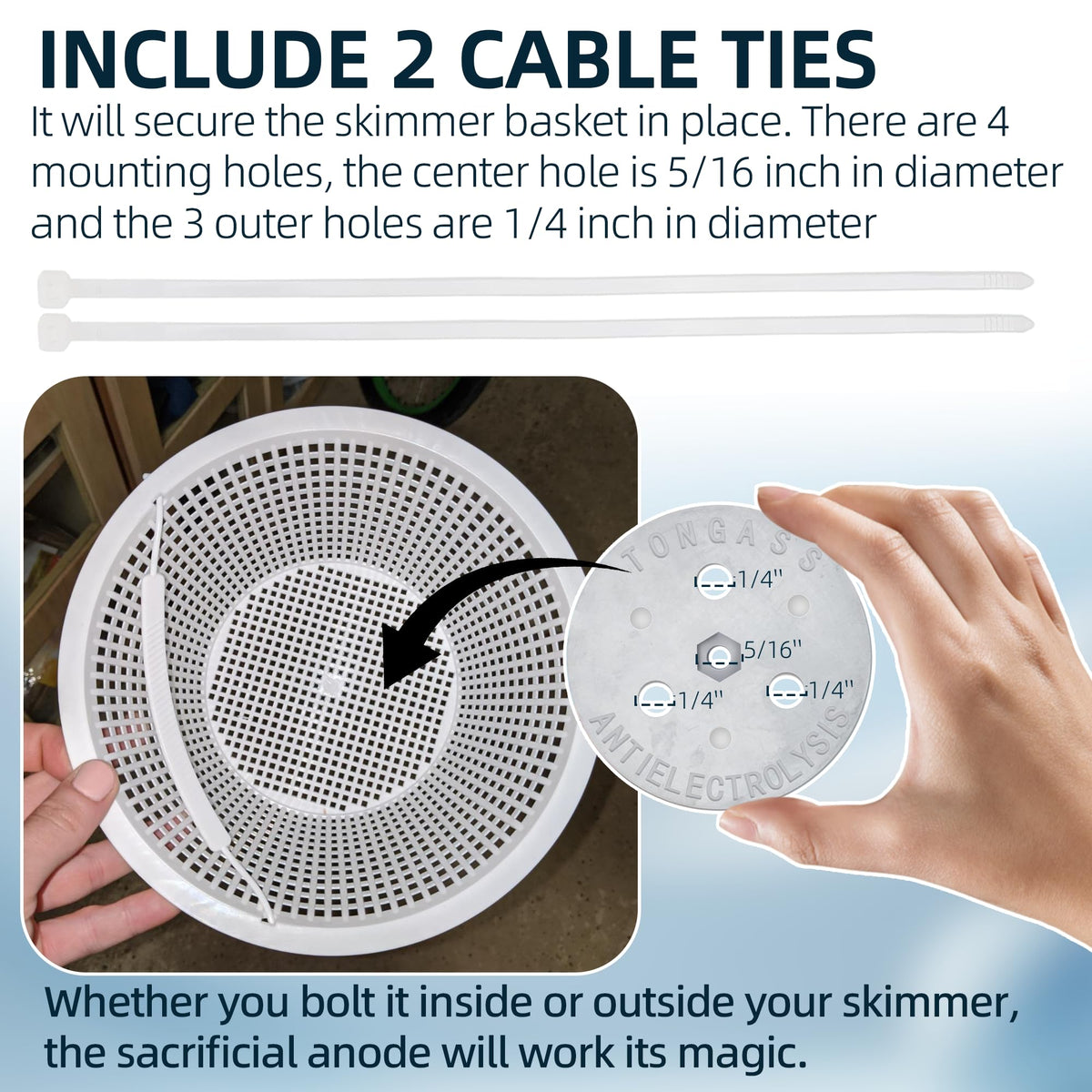 TonGass zinc anode weight includes cable ties for quick secure placement