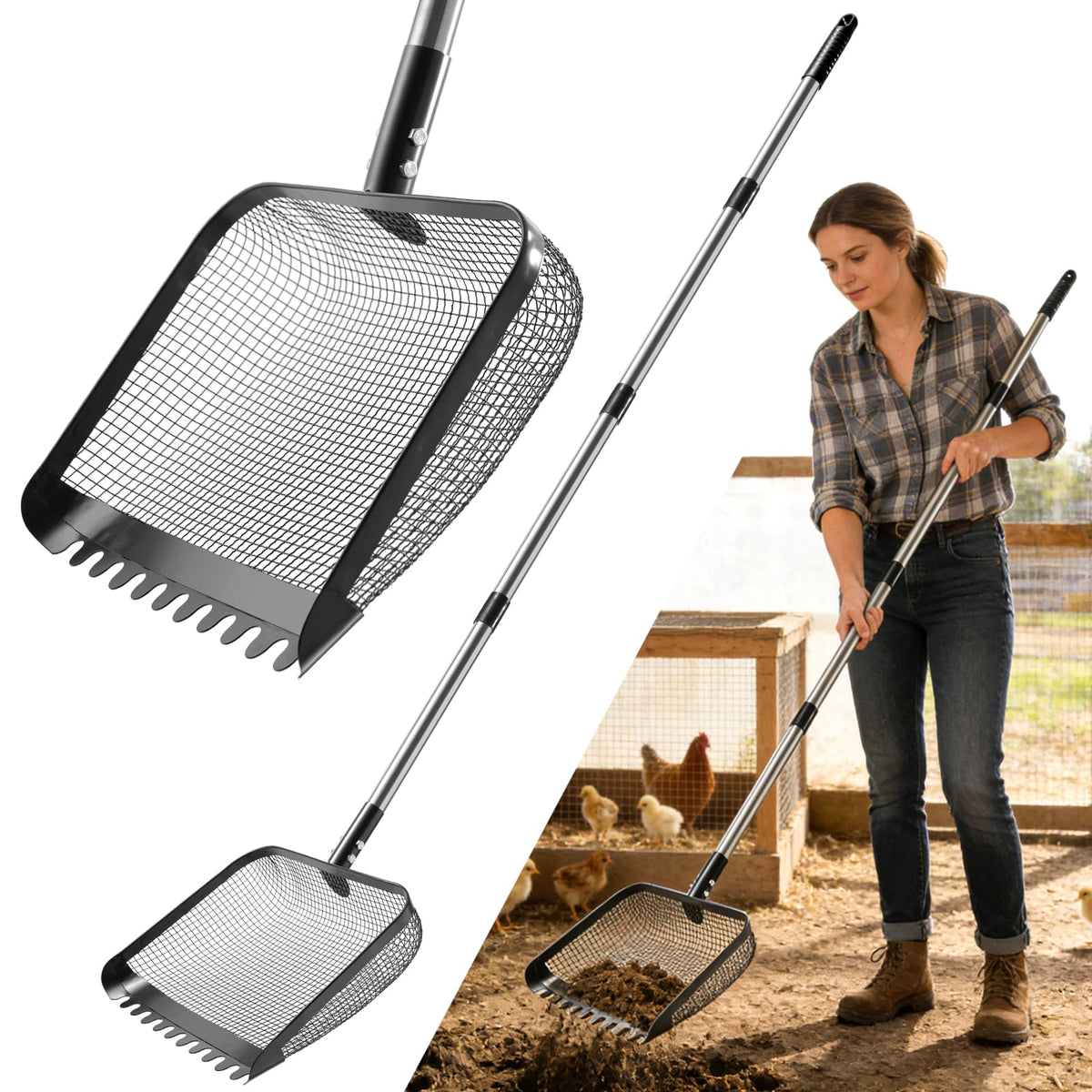 Tongjing grid-scoop design enables quick cleanup of coop litter and debris.
