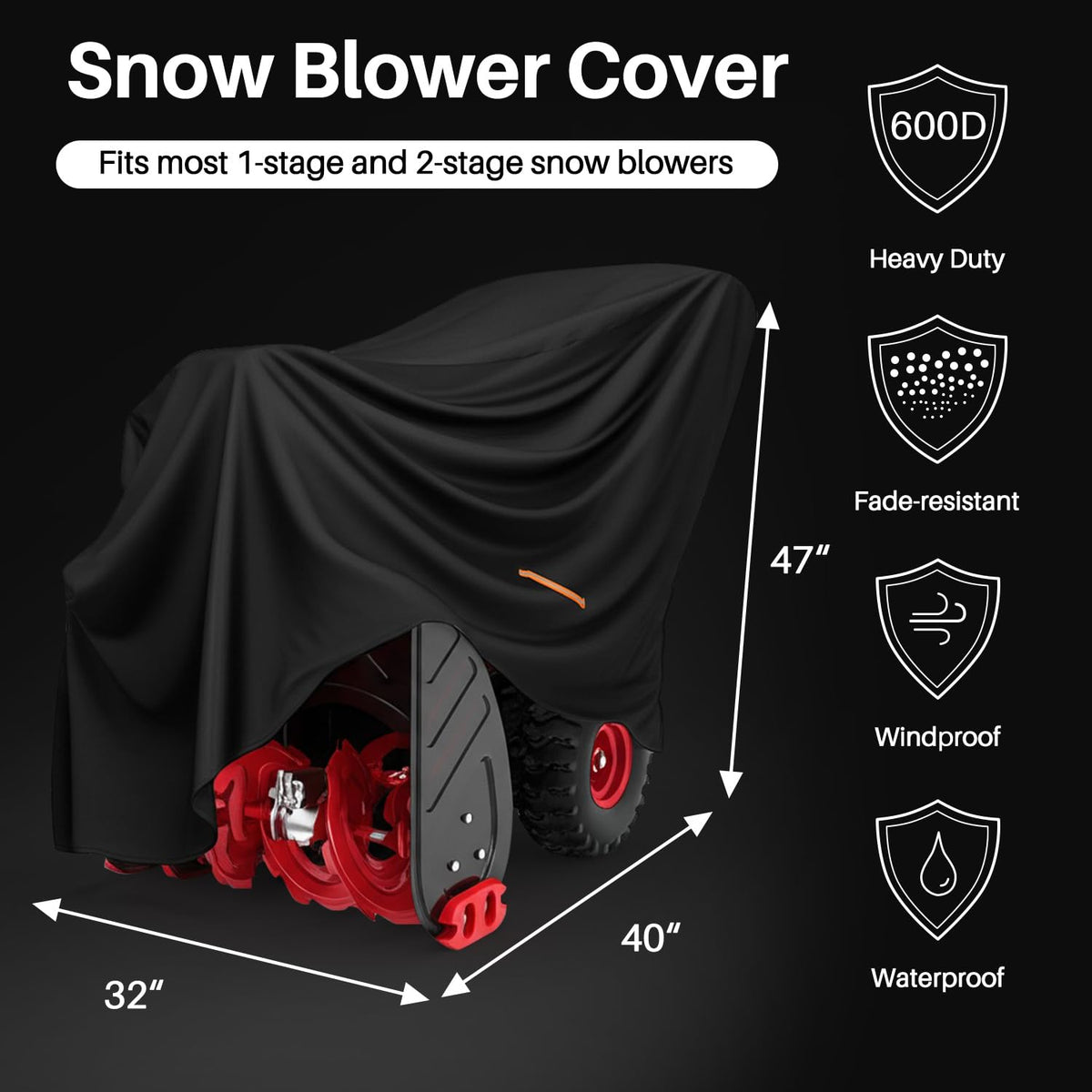TONINT universal-fit cover on a two-stage snow blower providing indoor protection