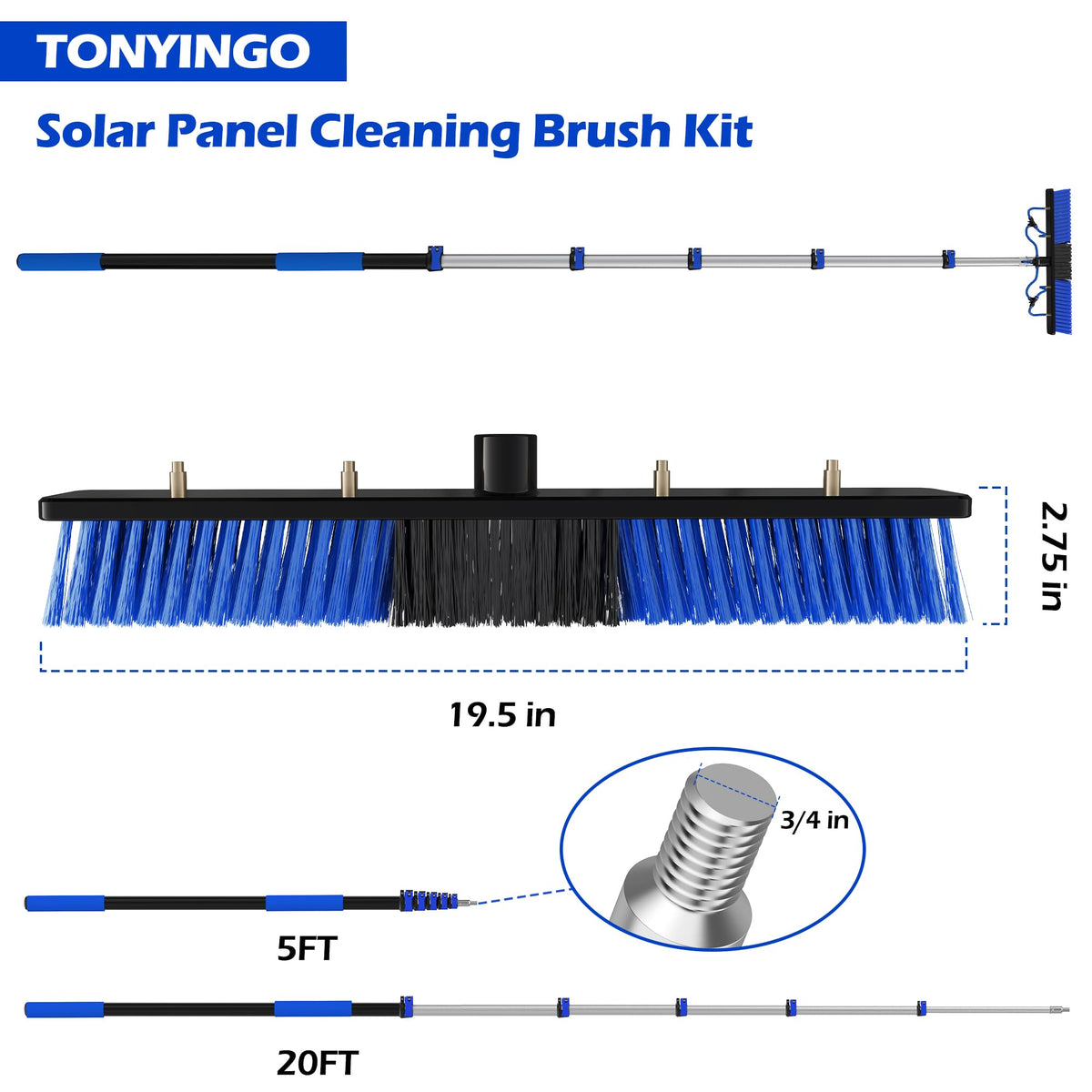 TONYINGO 5-20ft telescoping extension pole enabling safe high-reach cleaning.
