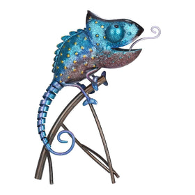Tooarts metal chameleon sculpture perched on a branch for dramatic garden decor