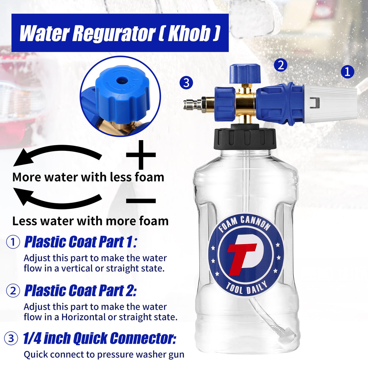 Tool Daily foam cannon 1.5 liter bottle supports longer cleaning sessions.