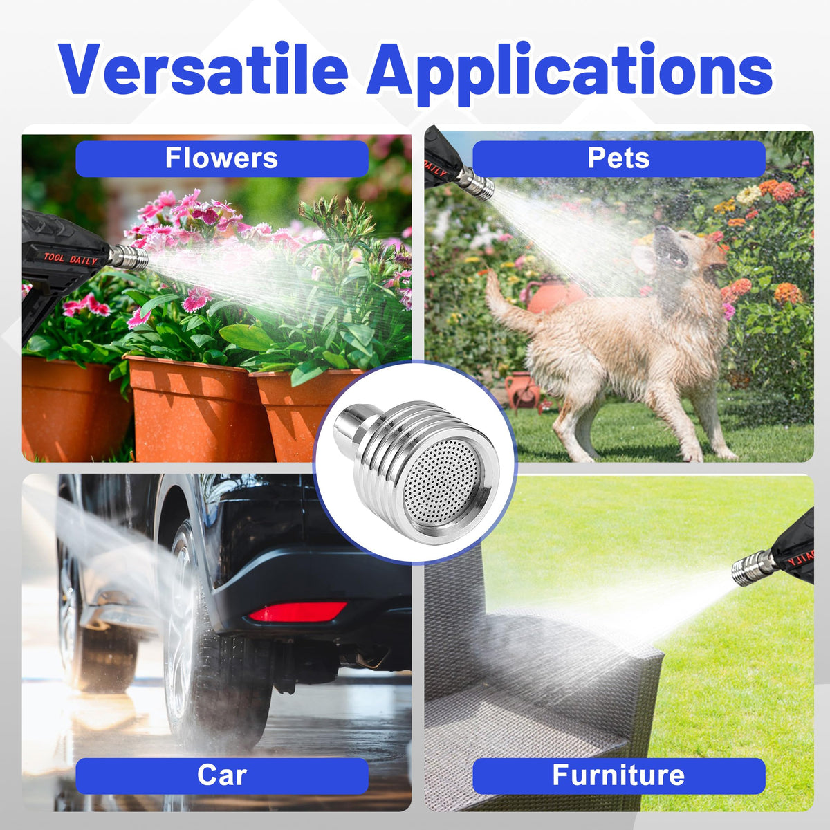 Tool Daily garden-watering nozzle softly waters plants and seedlings.