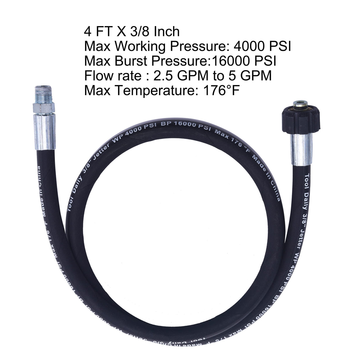 Tool Daily jumper hose with 3/8 NPT solid end and M22 female end for secure reel compatibility.