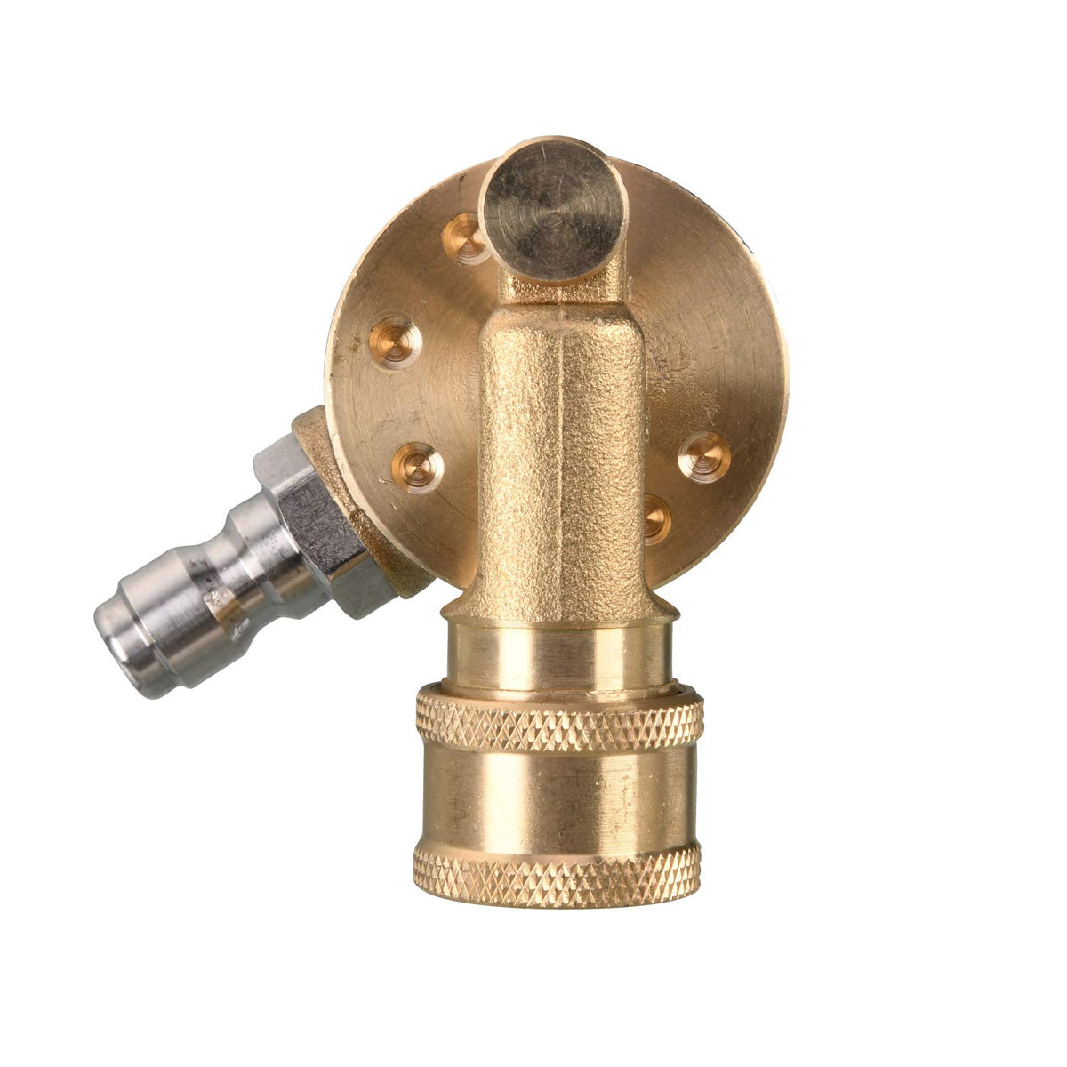 Tool Daily pivoting coupler close-up in brass and stainless steel for durable cleaning angles.