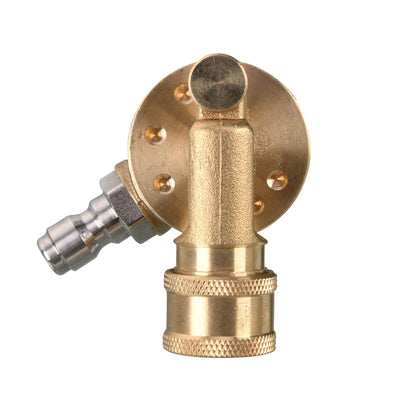 Tool Daily pivoting coupler close-up in brass and stainless steel for durable cleaning angles.