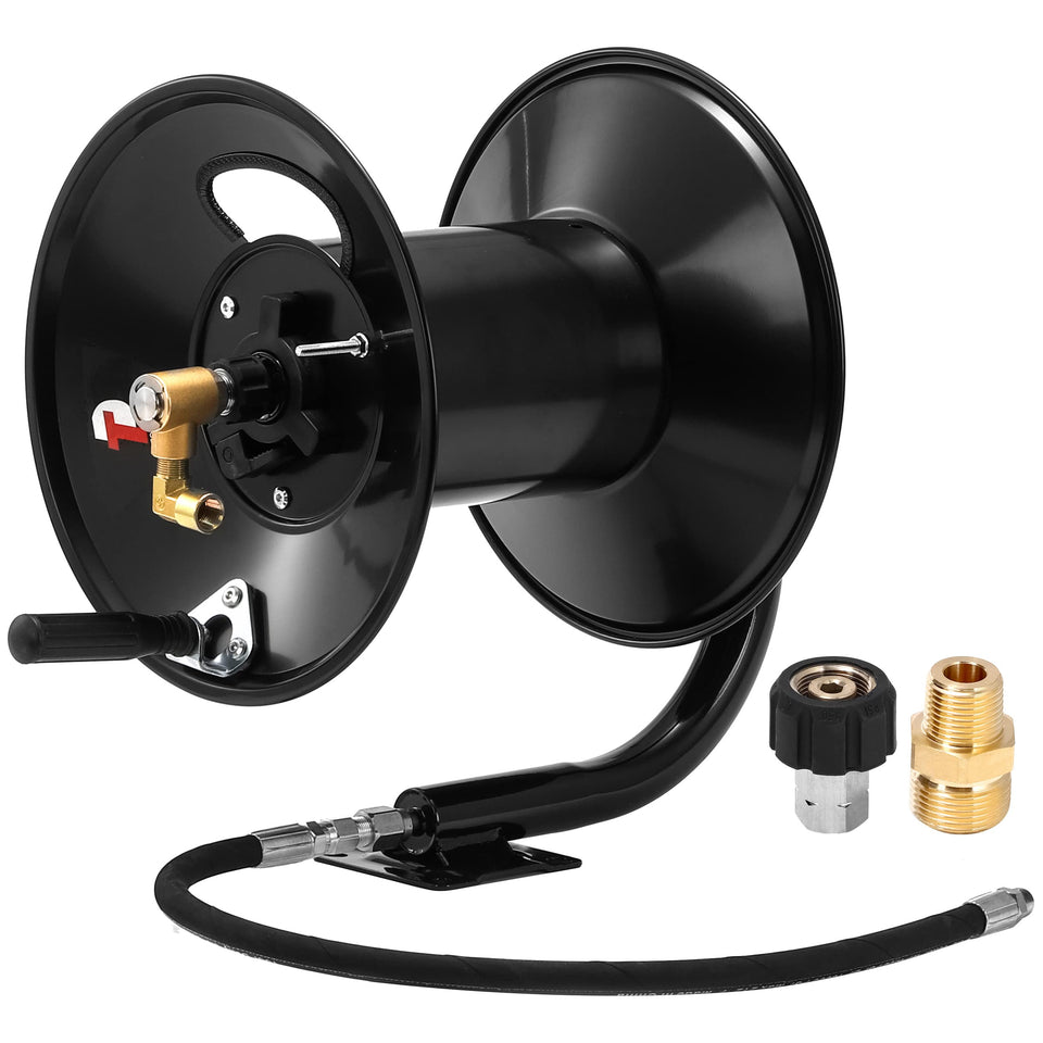 Tool Daily hose reel in steel frame with 150 ft capacity for durable outdoor cleaning