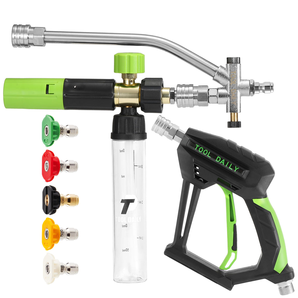 Tool Daily short pressure washer gun with mini foam cannon in action, delivering thick foam for thorough cleaning