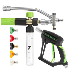 Tool Daily short pressure washer gun with mini foam cannon in action, delivering thick foam for thorough cleaning