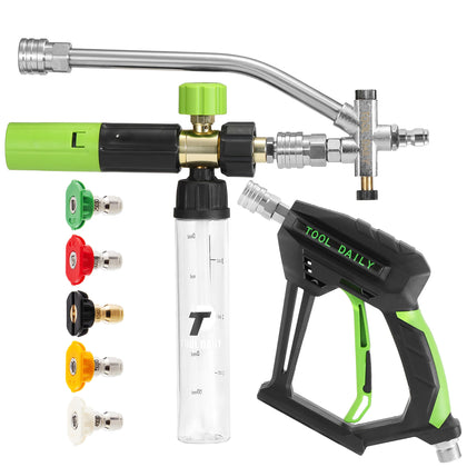 Tool Daily short pressure washer gun with mini foam cannon in action, delivering thick foam for thorough cleaning