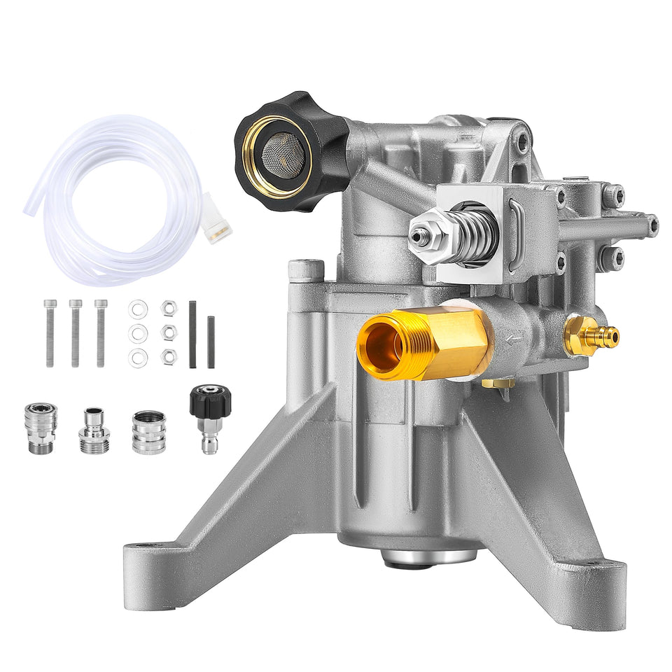 Tool Daily vertical pump head close-up showing durable aluminum housing for gas pressure washers.