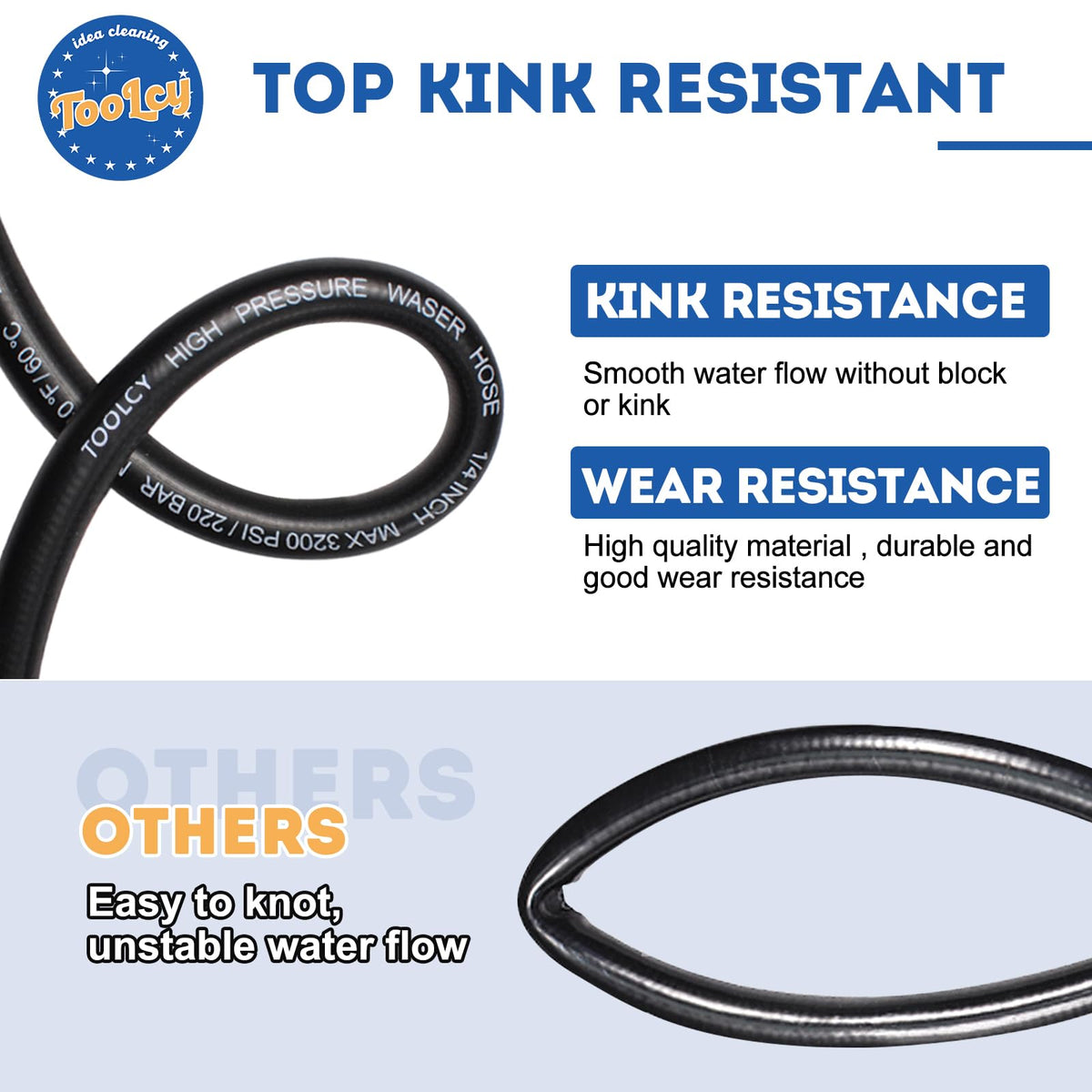 TOOLCY kink-resistant hose maintains smooth flow during cleaning jobs.