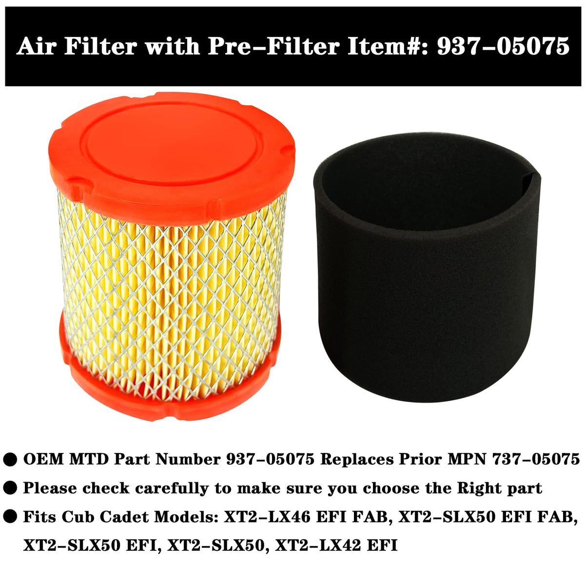 Toolyuan 937-05075 air filter label with compatibility details.