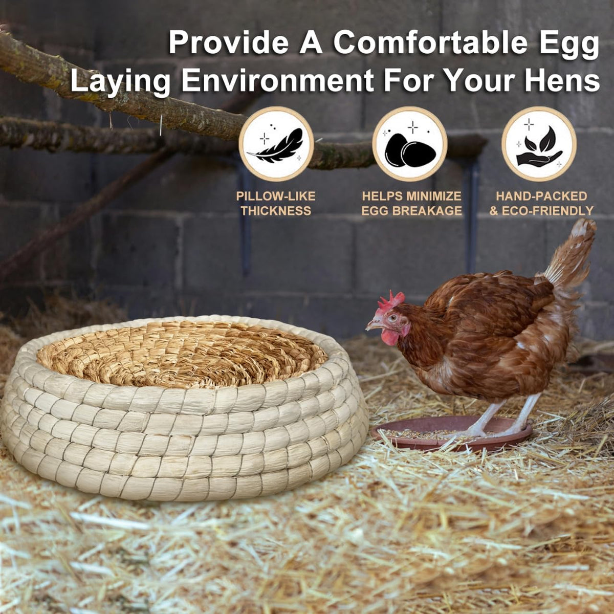 Toolzeen nest shows handmade weave using straw for durable poultry nesting pads.