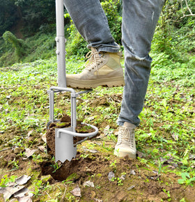 Toolzeen five-in-one garden tool demonstrates multi-use capability for weeding and soil sampling.