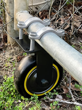 TOOPTATE 6-inch black gate wheel mounted on a metal gate for smooth operation