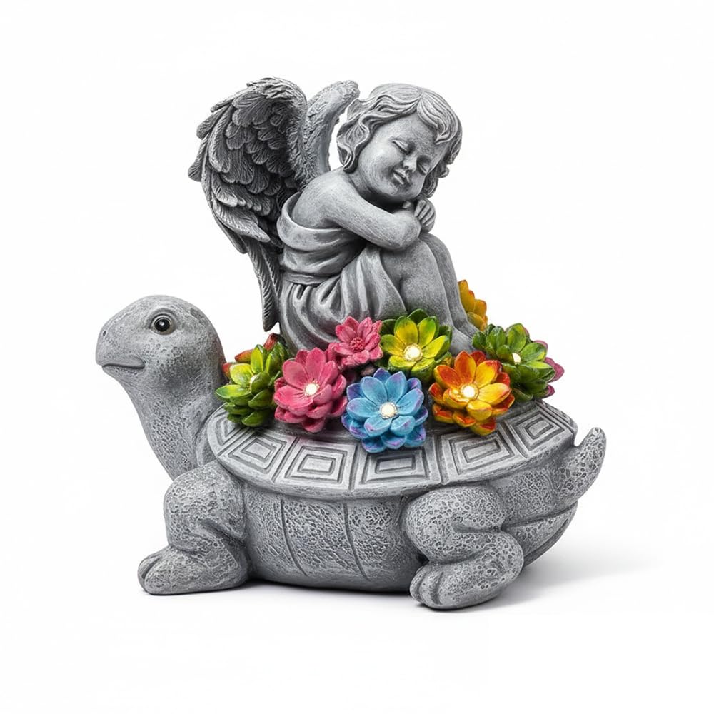 Tooyuart Solar Angel Turtle statue, front view, serene garden guardian.