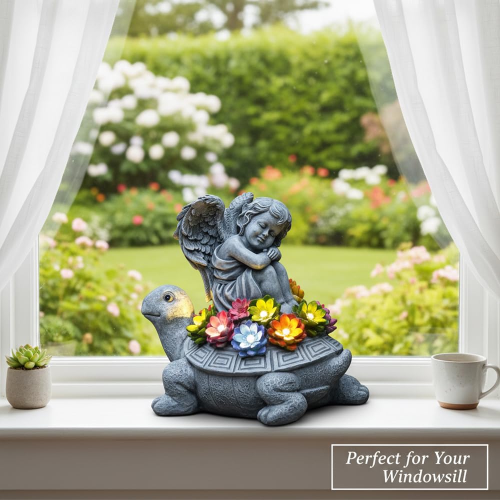 Tooyuart Solar Angel Turtle statue close-up reveals succulent textures.