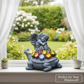 Tooyuart Solar Angel Turtle statue close-up reveals succulent textures.