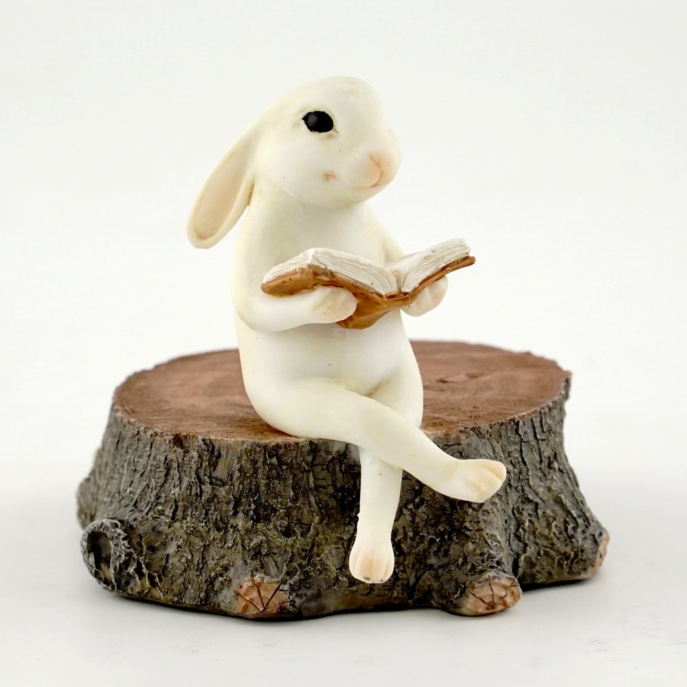 Top Collection bunny reading on stump ivory for indoor fairy garden decor.