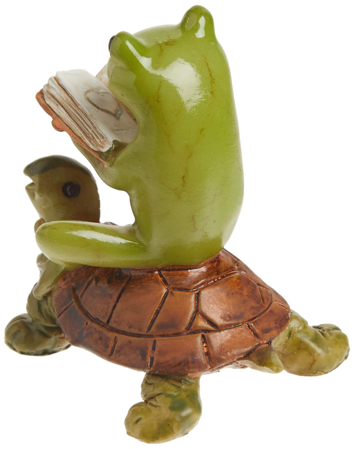 Top Collection frog on turtle statue shown in vibrant green and orange hues for lively decor.
