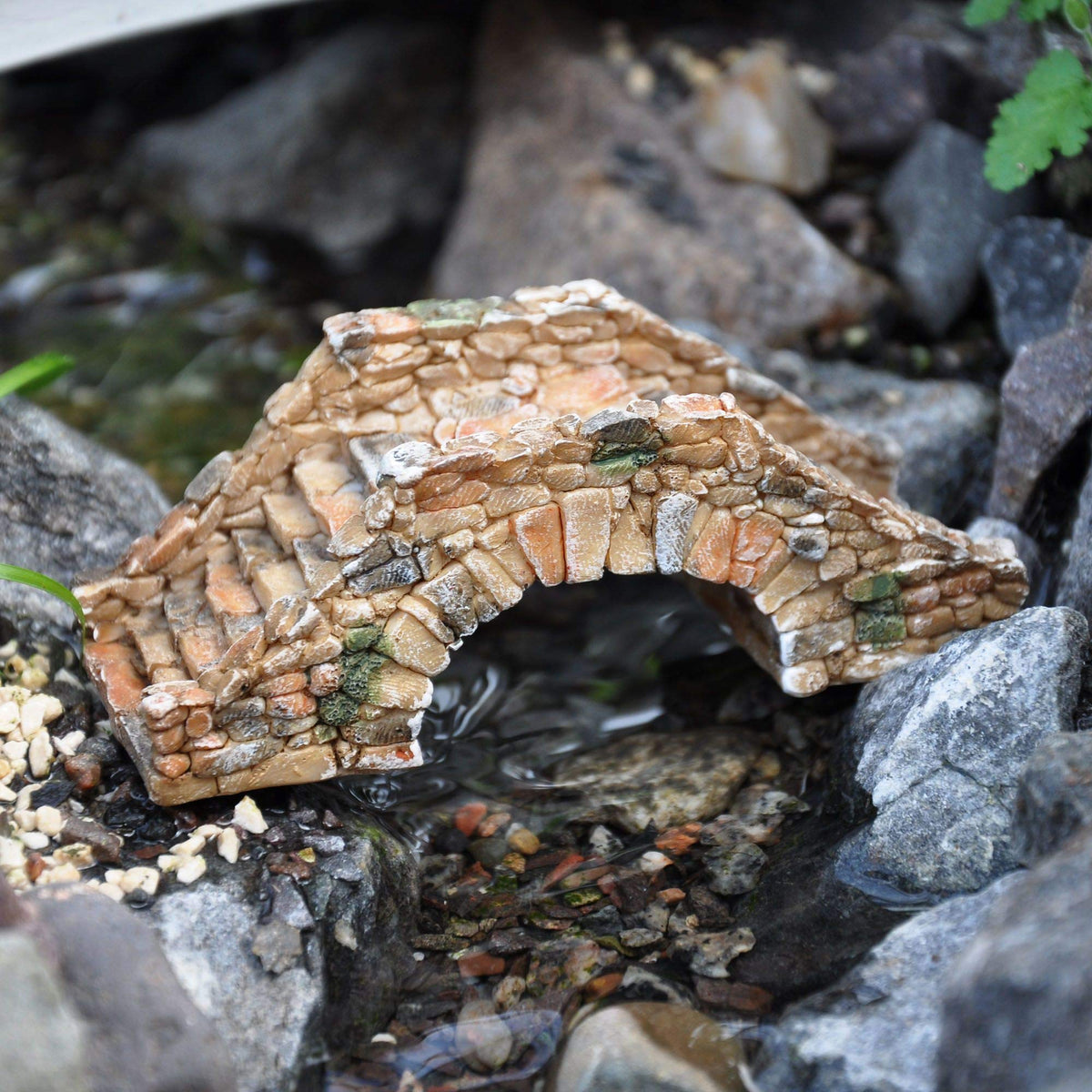 Top Collection miniature terrarium scene bridge elevates decor with whimsical, durable resin design.