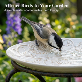 Topadorn bird bath water bowl invites birds to drink and bathe.