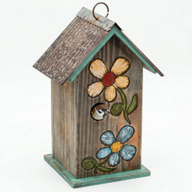 Topadorn bird house with wooden carved floral hoop hanging, ideal for garden decoration and nesting