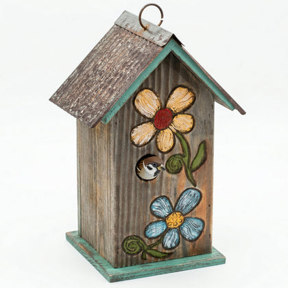 Topadorn bird house with wooden carved floral hoop hanging, ideal for garden decoration and nesting