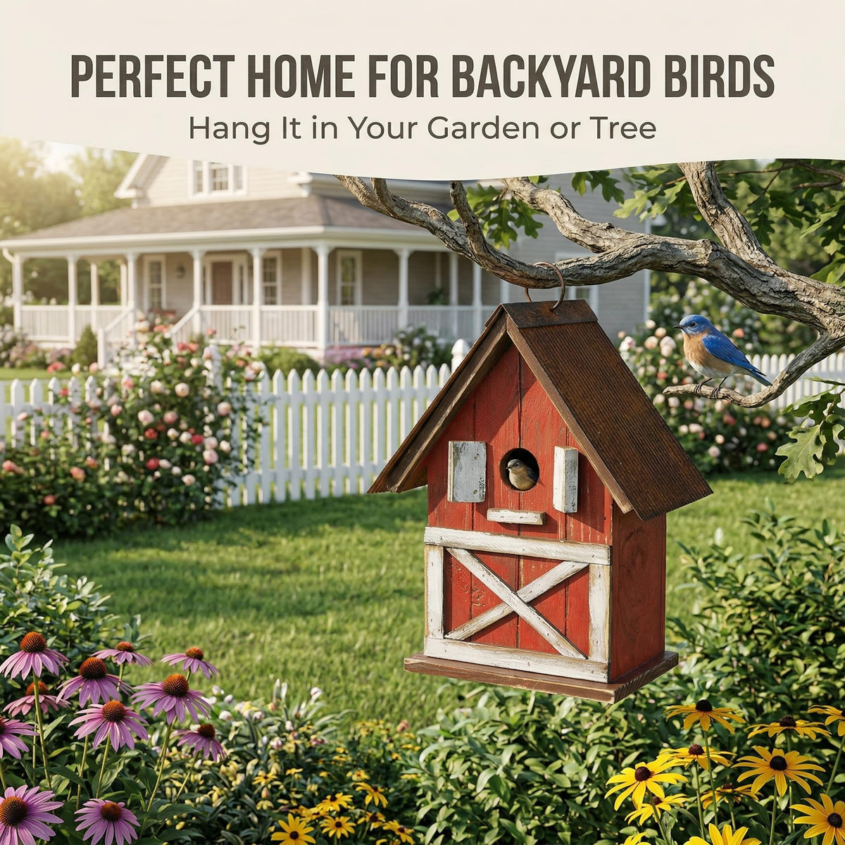 Topadorn birdhouse metal roof detail emphasizes durability for year-round use.