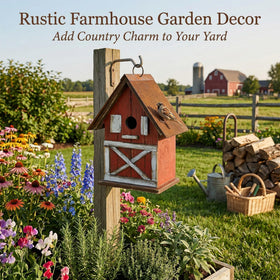Topadorn birdhouse red and white design brightens outdoor decor.